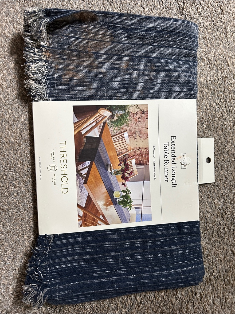Threshold Blue Striped Table Runner with Fringe 14x108